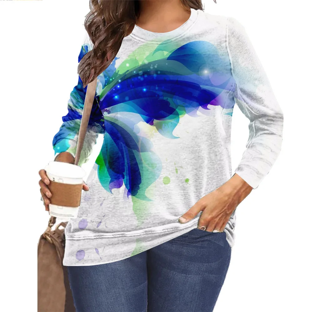 

Футболки с художественным принтом, женские повседневные термальные свободные футболки с круглым вырезом и длинным рукавом, 2021 красочные фу...
