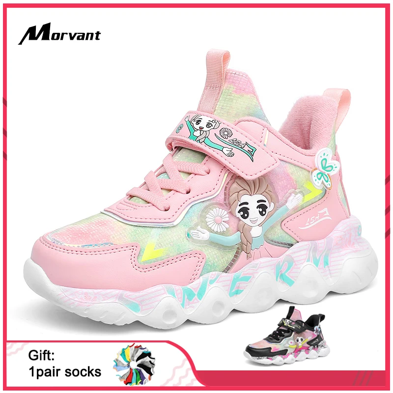 

MORVANT Winter Children's Sneakers Plus Velvet Warmth Girls Sports Shoes Waterproof Lightweight Fashion Cute Princess Shoes