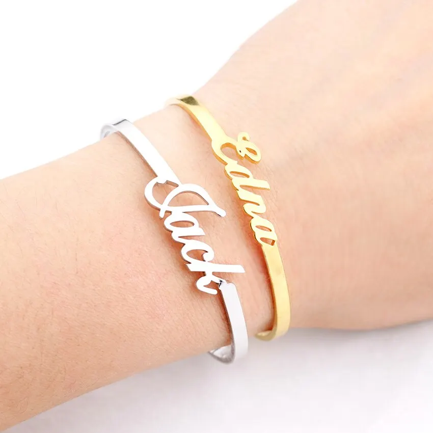 

Simple Custom Name Bracelets Gold Color Personalized Bangles For Men & Women Stainless Steel Adjustable Nameplate Bijoux Femme