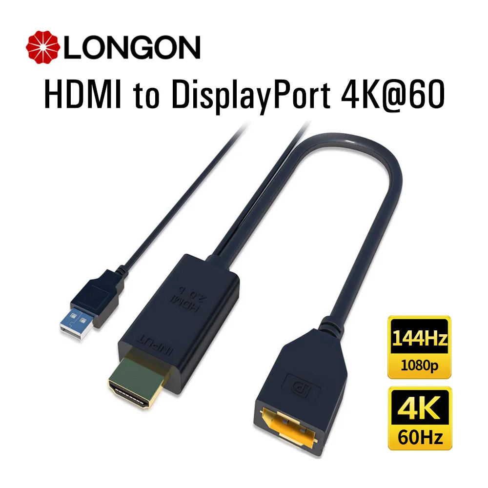 LONGON HDMI to DisplayPort Cable 4K 60Hz Adapter Converter 2K 144Hz 1080P 120Hz For PS4/5 to TV Minitor Project Extension Cable