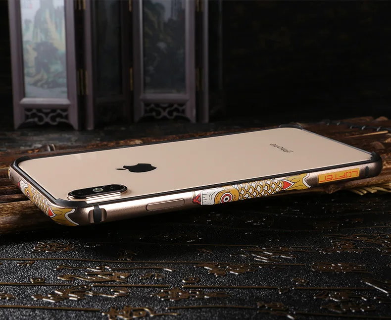 Металлический бампер для телефона в китайском стиле для iPhone X XS, чехлы для iPhone XS MAX, чехол Koi, мультяшная алюминиевая силиконовая рамка, чехол
