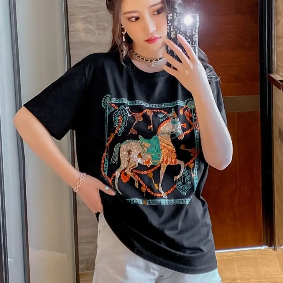 

2021 New Summer Hot Diamond Black and White Women's T-shirt Fashion Joker Fashion Boutique