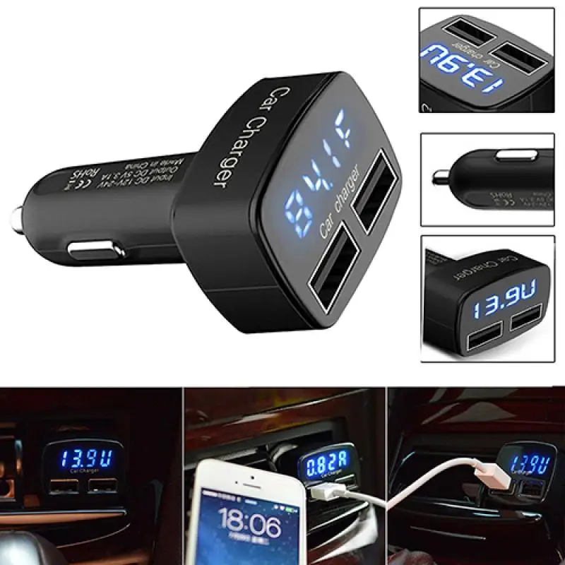 

DC 5V 3.1A 4 In 1 LED Digital Voltmeter Ammeter Thermometer Dual USB Universal Car Charger Voltage
