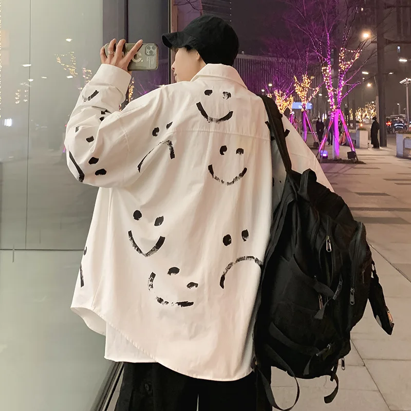 

Fashion trend smiley print shirt male spring and autumn bf Hong Kong style trend design sense of handsome loose long-sleeved shi