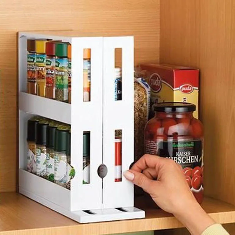 

2 Layer Storage Kitchen Rotating Organize Spices Jar Bottle Storage Rack Kitchen Bottle Storage Organizer Shelves Slide Cabinet