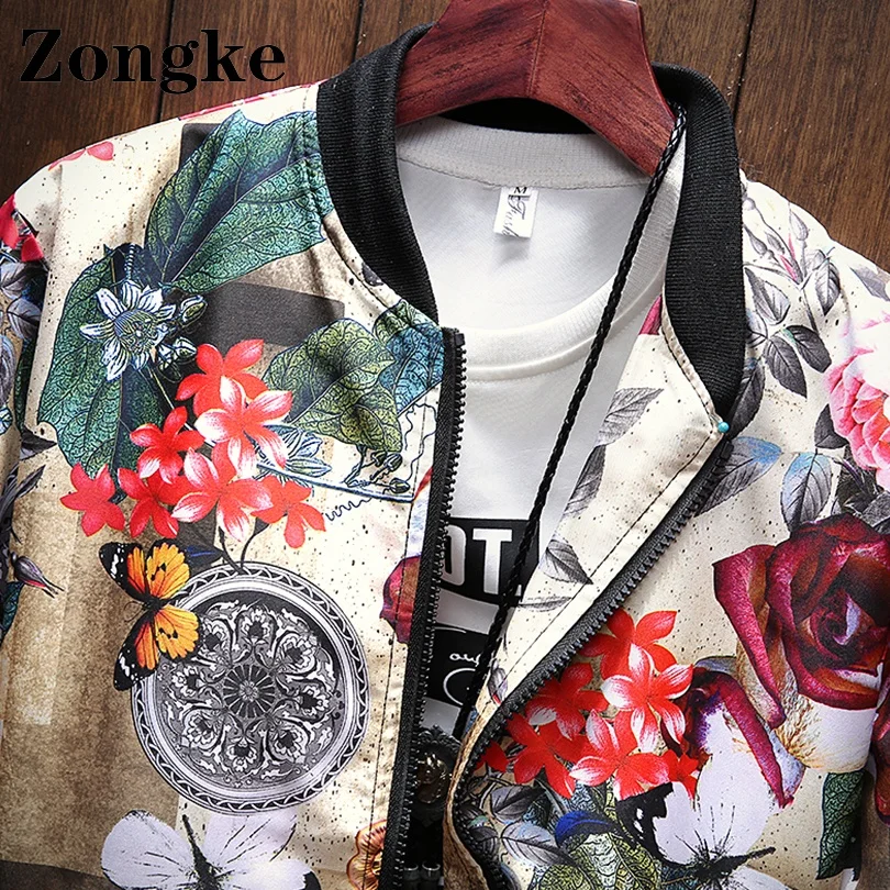 Куртка Zongke с цветочным принтом для мужчин стильные пальто японские Бомберы