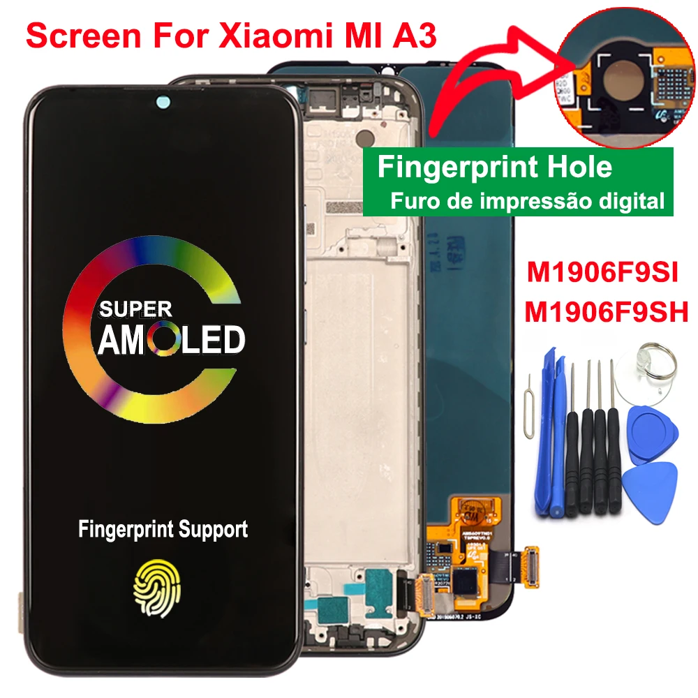 

Дисплей Super Amoled для Xiaomi MI A3, MiA3, ЖК-дисплей, сенсорный экран с Fingeprint, замена экрана для Xiaomi MI A3, M1906F9SH