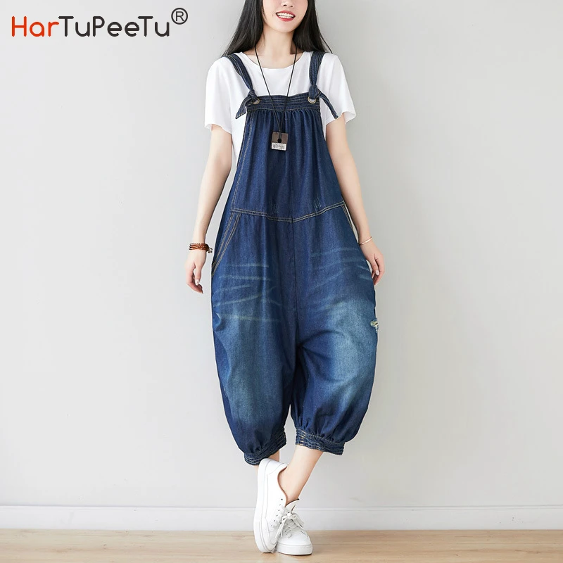 Denim Summer Overalls for Women Jeans Ripped New Lantern Baggy Pants Loose Casual Washed Vintage Suspender Trousers