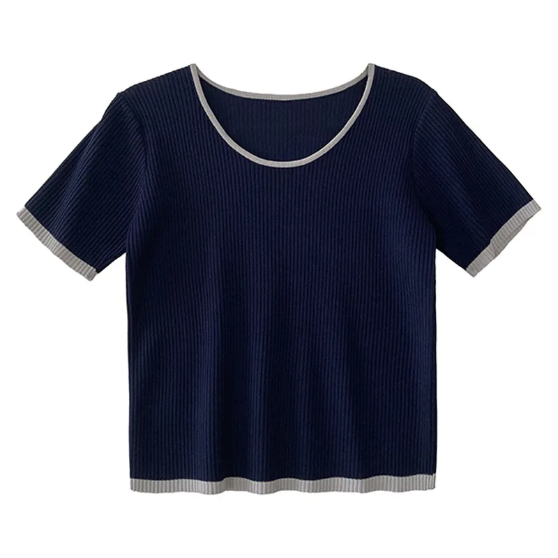 

Yeeloca Ice Silk Knitted Short Sleeve T-shirt Summer Women's Casual Solid O-neck Pullovers New Korean Bottom Short Top