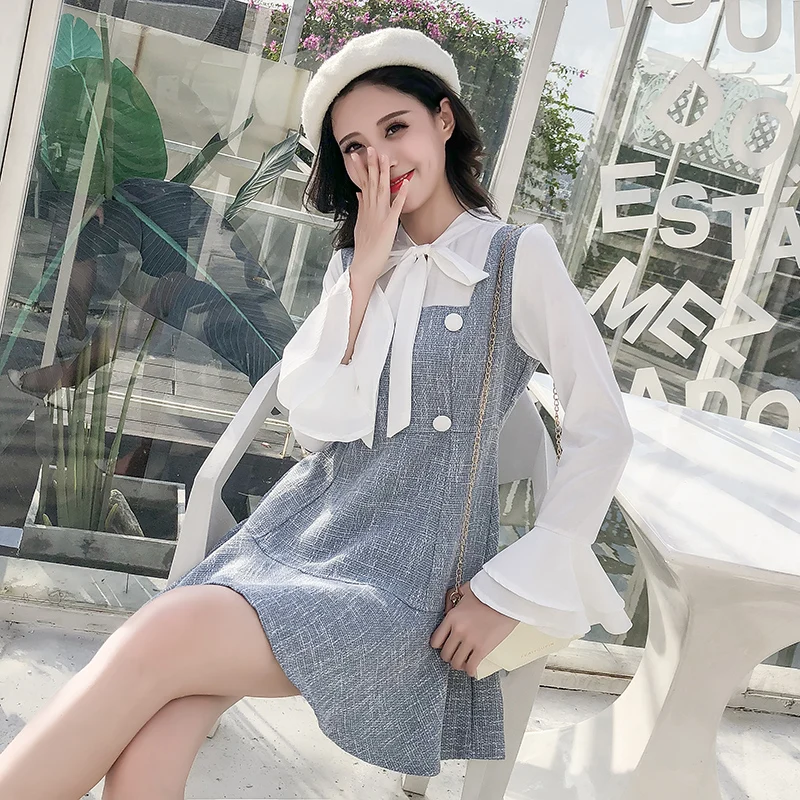 Корейское женское платье с оборками шифоновое в стиле пэчворк расклешенными