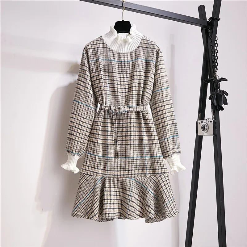 Ly Varey Lin Elegant Plaid Dress Women Turtle Neck Knitted Short Lady Ruffle Sashes Vintage Autumn Office Ladies Vestidos | Женская