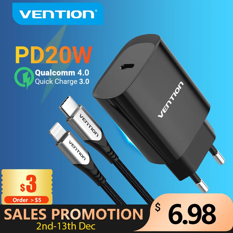 Vention-cargador USB tipo C para tel&eacute;fono m&oacute;vil, dispositivo de carga r&aacute;pida de 20W, 4,0, 3,0, para iPhone 13, 12, Xs, Xiaomi, QC4.0, QC3.0, PD-0