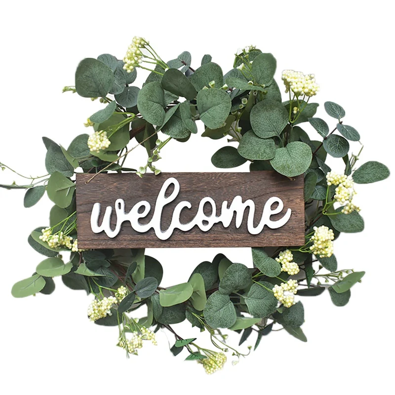 

Добро пожаловать венок с зелеными листьями для входной двери, фермерское хозяйство и украшение дома, весенне-летнее украшение для дома, вхо...