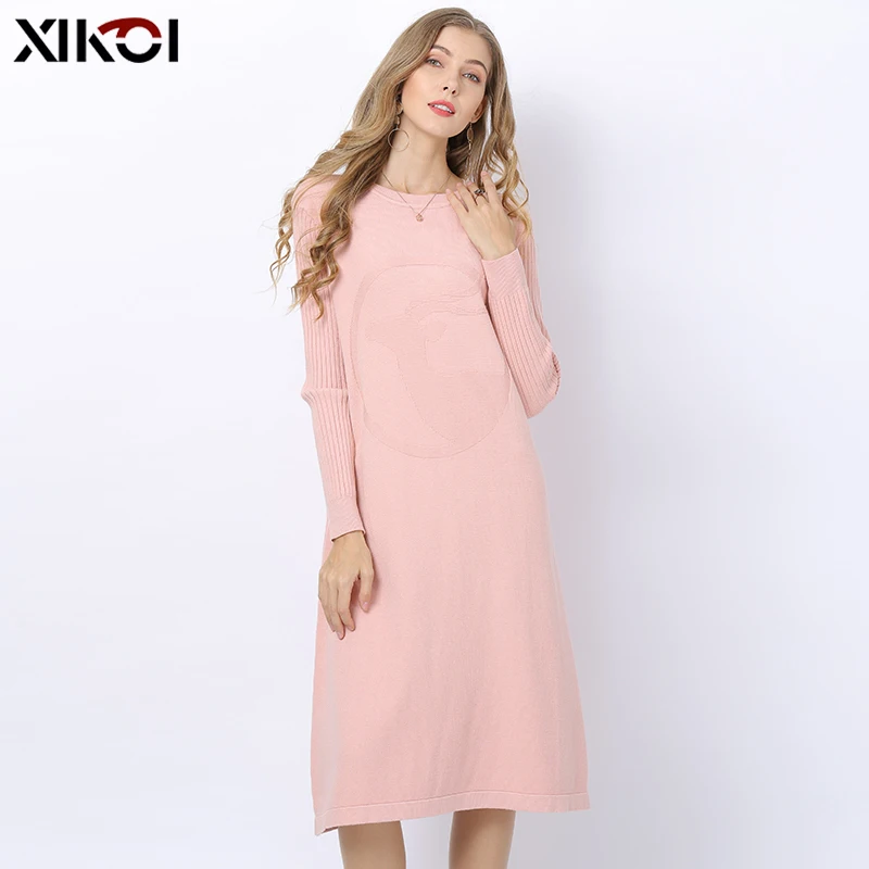 XIKOI Autumn Winter Solid Knitted Sweater Dresses Women Cute Deer Print Loose O-neck Pullover Female Vestidos Feminino | Женская одежда