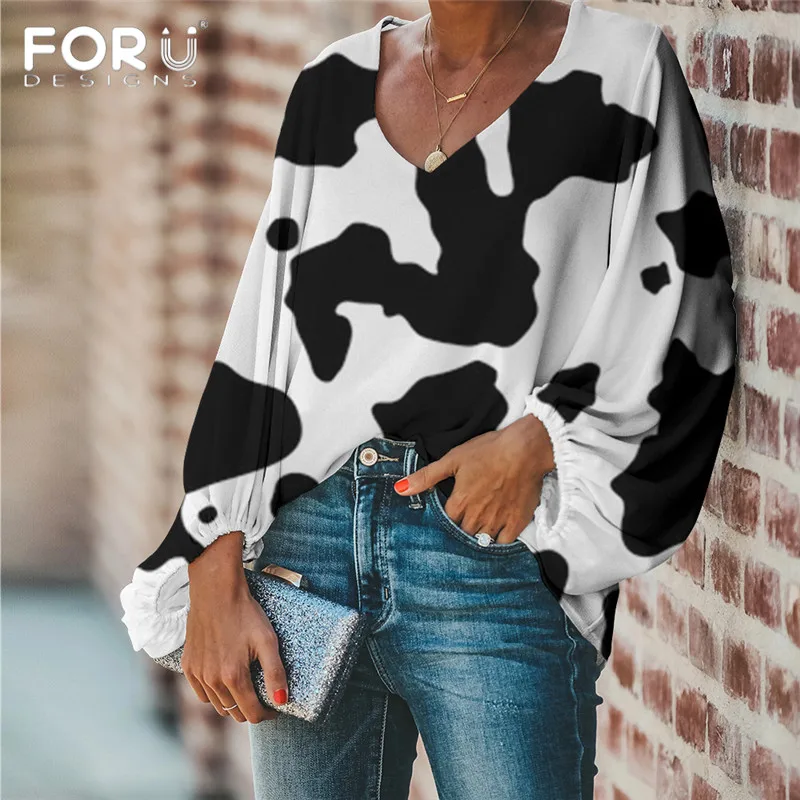 

Женская блузка с v-образным вырезом forujeans, Повседневная Длинная свободная блузка с объемным рисунком коровы, брендовая одежда большого разм...