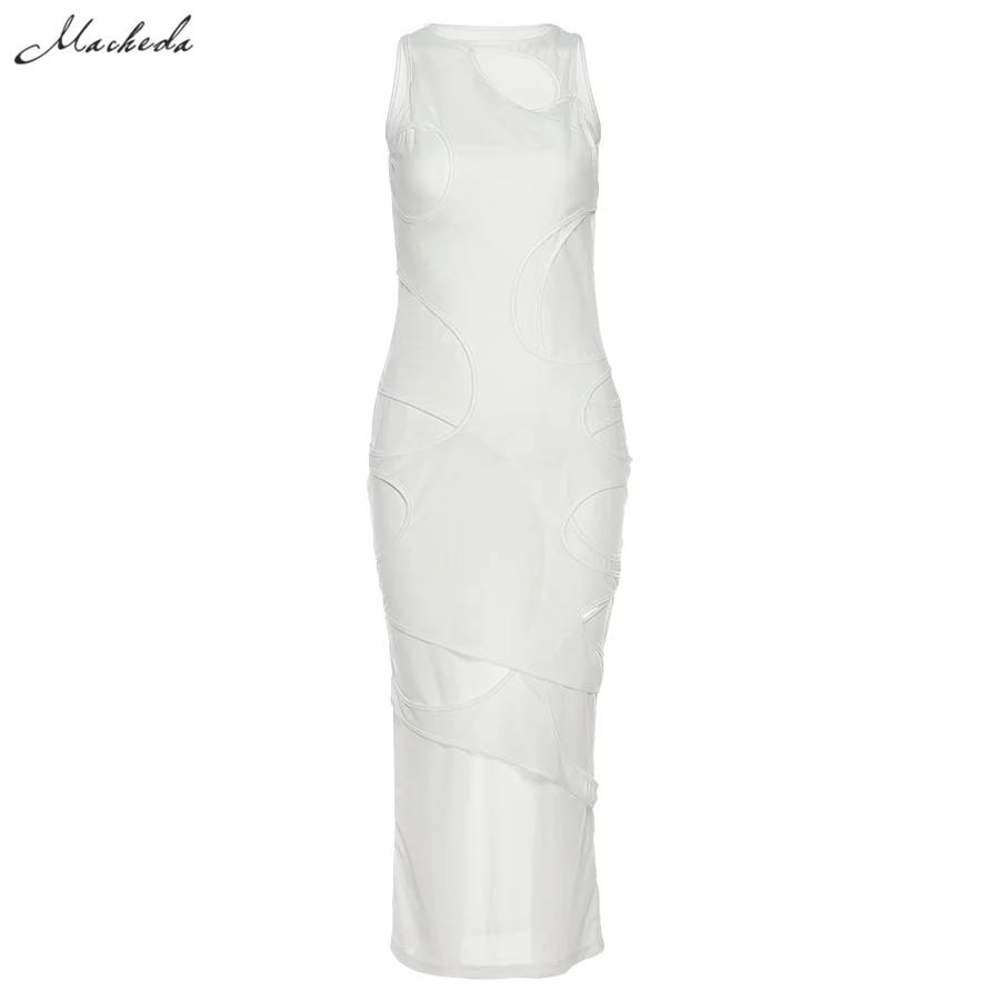 

Macheda Summer White Sexy Hollow Out Slim Dress Women Fashion Knitting Sleeveless O Neck Clothing Lady Solid Long Dresses 2021
