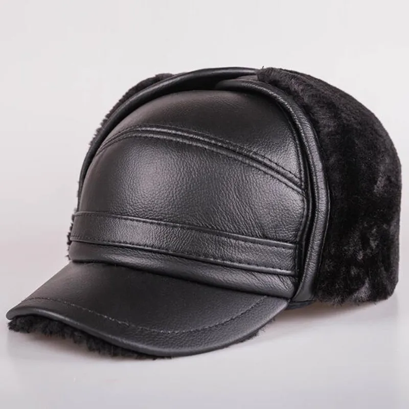 XdanqinX winter men's leather cap fur velvet bomber hats warm earmuffs caps for men natural cowhide leather brands hat Dad hat