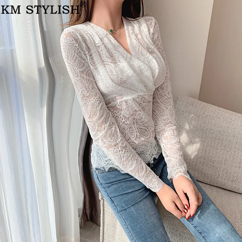Черная кружевная блузка рубашка с вышивкой прозрачные открытые женские осенние