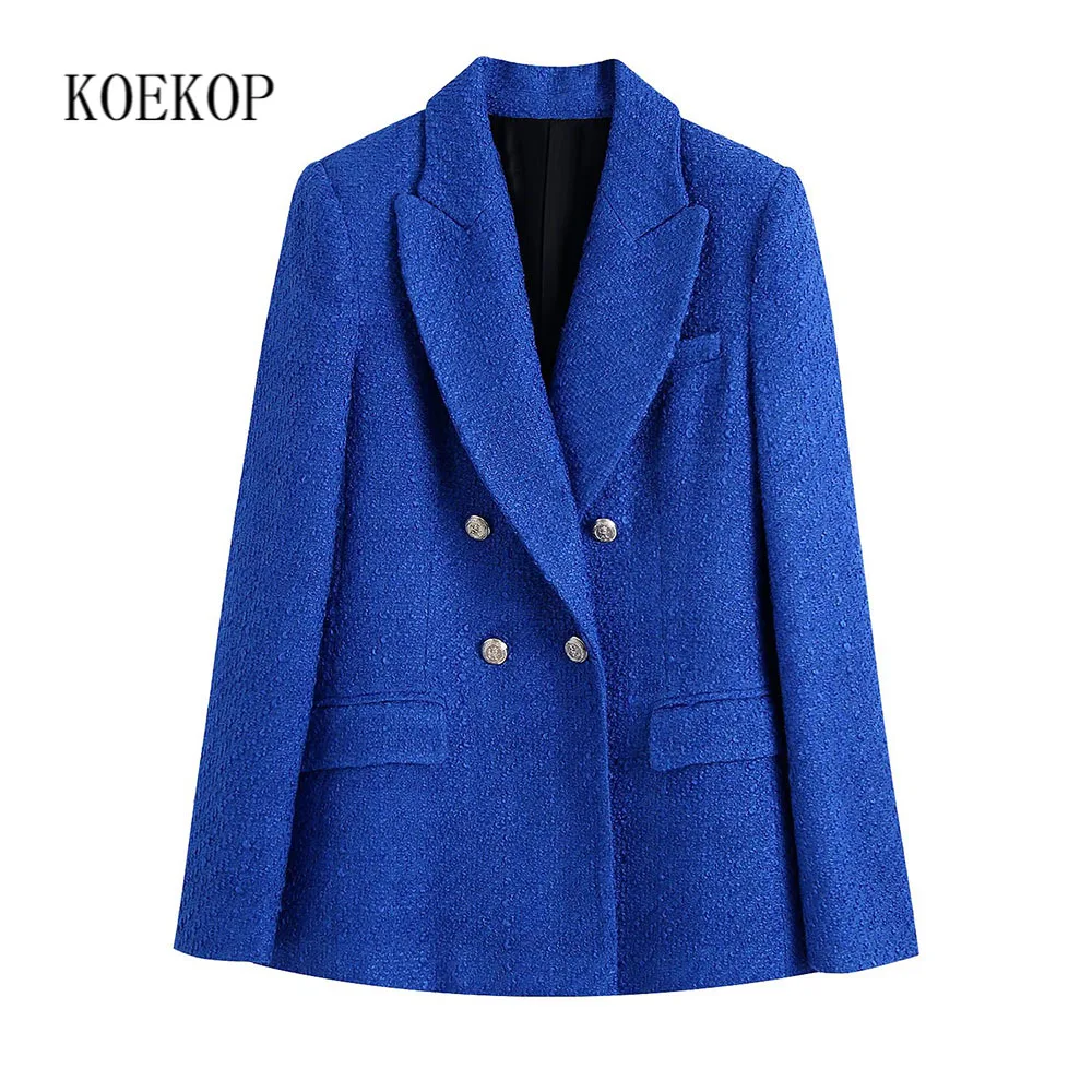 

Koekop Women Fashion Blue Textured Blazer Long Sleeves Double breasted Elegant Office Lady Suit Casual Woman Blazer Suit