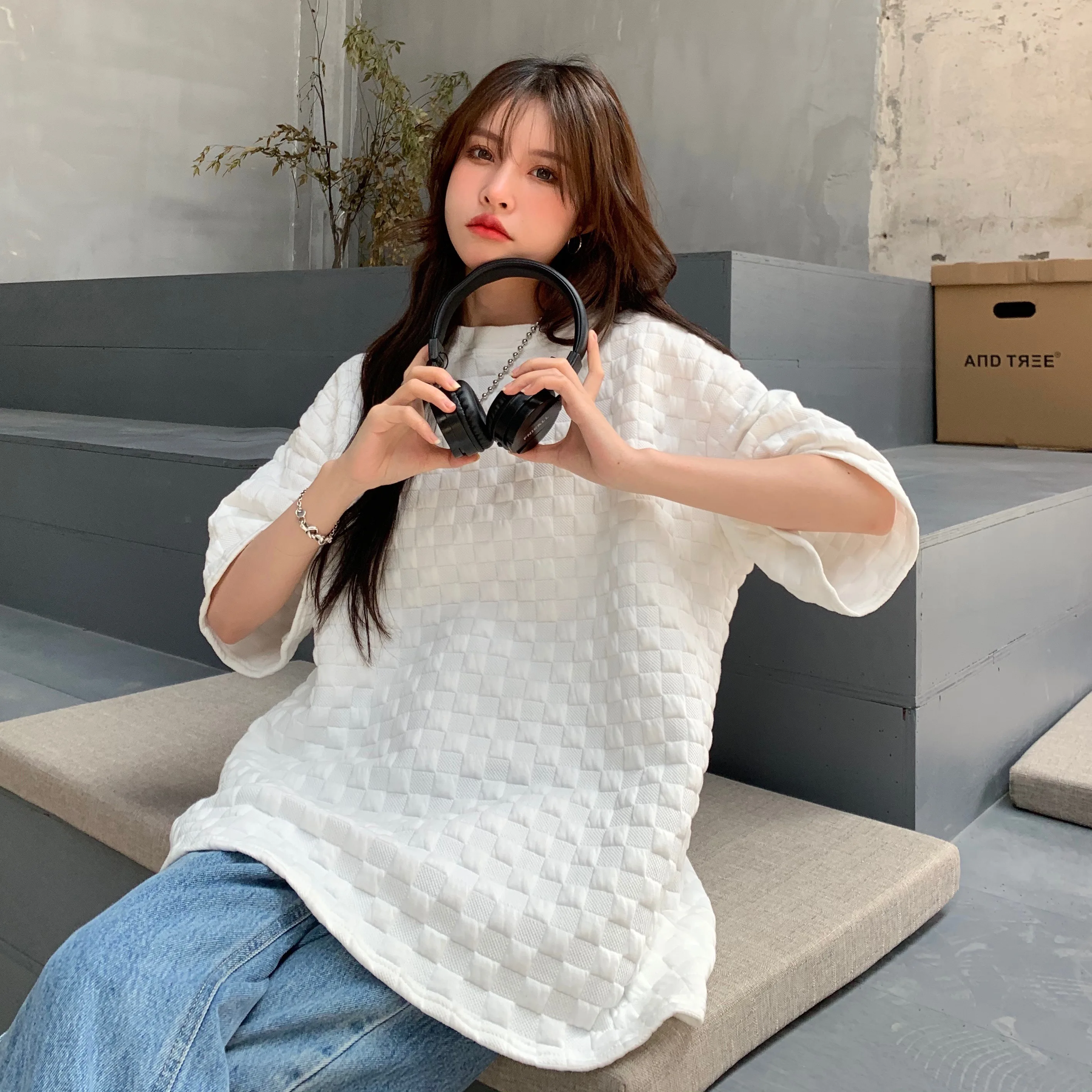 

KK1654 Early spring new women's trendy white short-sleeved t-shirt loose Korean version creative basic style