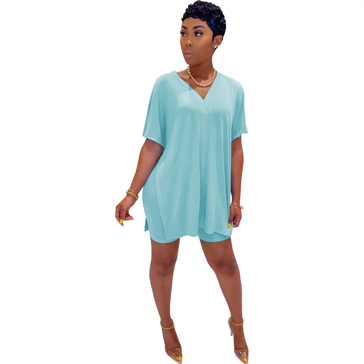 

Women's Wear Fashion Casual Solid Color V-neck Bat Sleeve Split Top and Shorts Two Piece Set