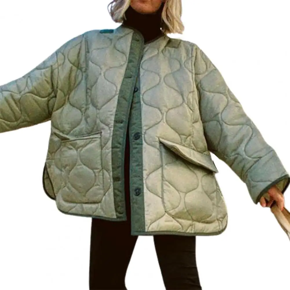 Dropshipping!Autumn Winter Quilted Women Jacket Flap Pockets Loose Fit Round Neck Long Sleeve Lightweight Slit Coat Outwear