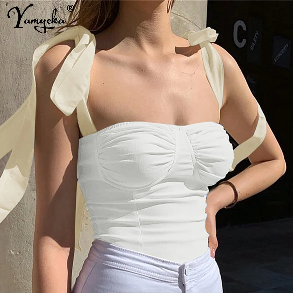

Sexy halter White Chiffon folds corset crop top women summer y2k clothes party clubwear tank top cropped cute womens tube tops