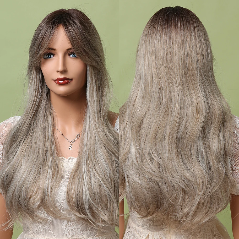 Длинный волнистый синтетический парик для женщин с боковой челкой Омбре серые