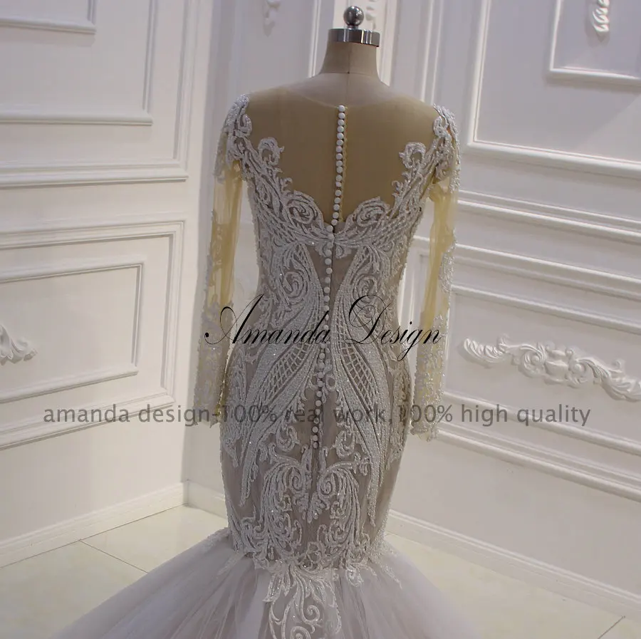 Аманда дизайн vestido de boda длинный рукав кружева Аппликации Шампанское Русалка свадебное платье
