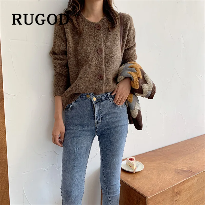 Женский кардиган с круглым вырезом RUGOD однотонный свободный свитер в Корейском