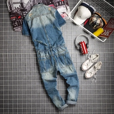 

Men's Short Sleeve Denim Overalls Men Casual Ripped Jeans Jumpsuit One Piece Jacket Trouser Male Workwear Denim Bib Coverall
