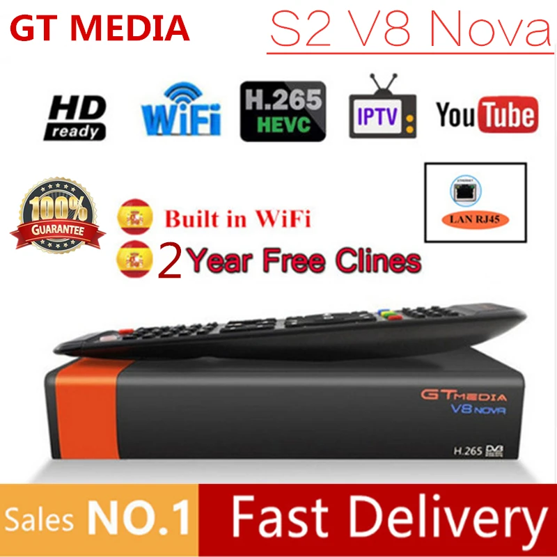 Европа 2 года Cccam GTMedia DVB S2 V8 Nova DVB S2 в спутниковый ресивер ТВ коробка поддержка H.265, AC3, YouTube, Bisskey телеприставки