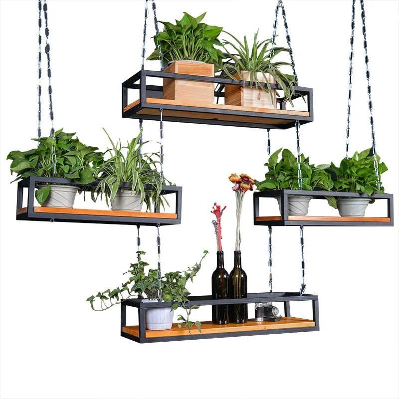 

American-style indoor solid wood flower rack Iron Bar Cafe hanging hanger creative plant rack decorative flower rack