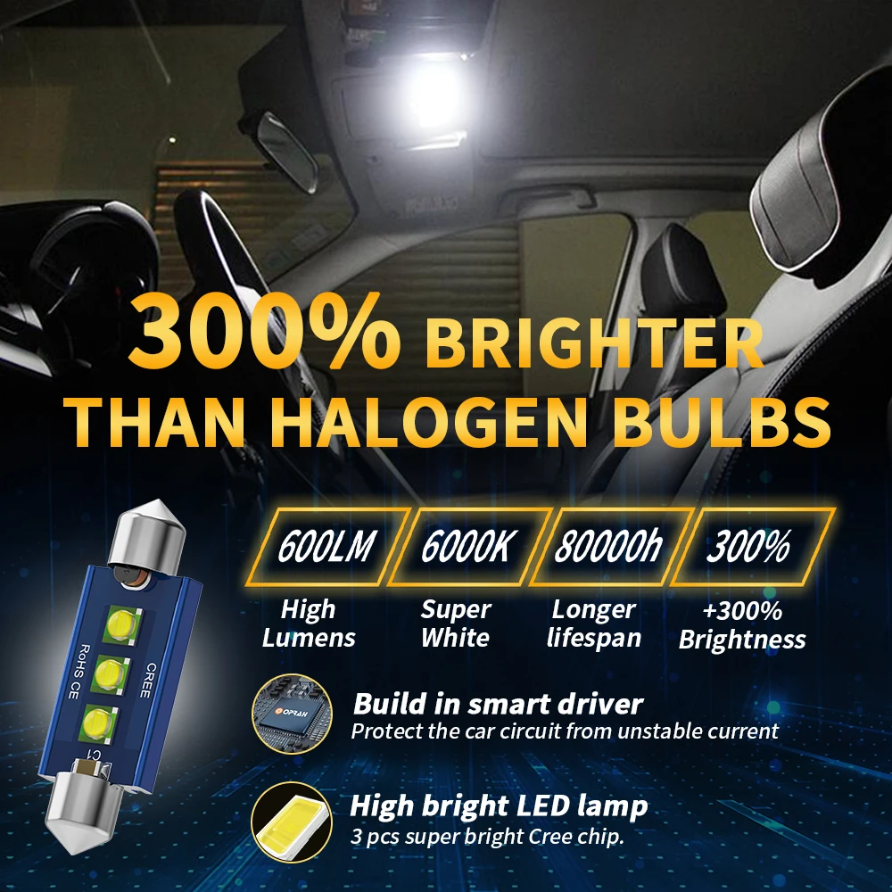 4 светодиодный т. C10W C5W Светодиодные Лампы Canbus Festoon 31 мм 36 39 41 CREE сверхъярсветильник