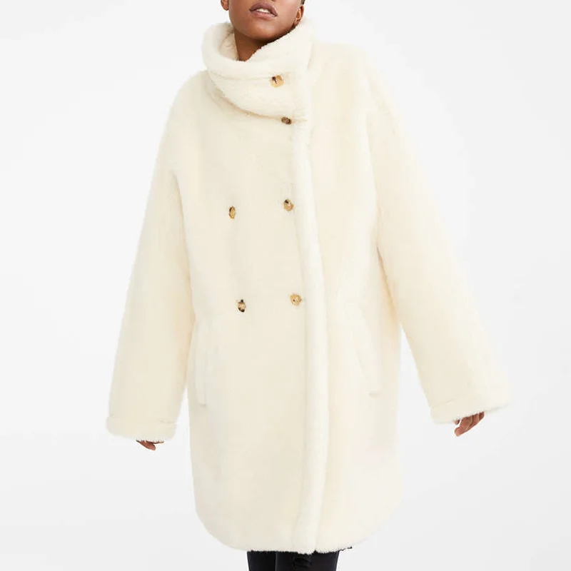 

Wenfly Women Big Collar Faux Fur Jackets Coats Winter Thick Warm Oversized Double Breasted Ladies Korean Loose Overcoats