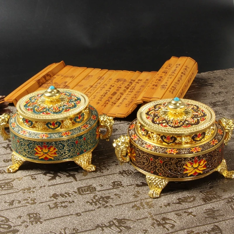 

Tibetan Incense Burner for Sticks Cones Coils Chinese Enamel Zinc Alloy Coil Incense Holder Home Office Decoration Gift