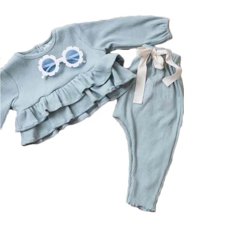 

New Children Girl Clothes Set Blue Long Sleeve Ruffle Shirt Tops + Pants 2pcs Kids Boy Clothes Set Baby Girl Outfits