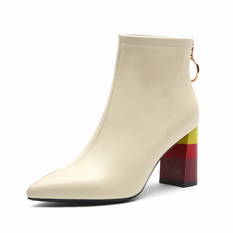 Женские ботильоны из коровьей кожи радужные ботинки на Высоком толстом каблуке с
