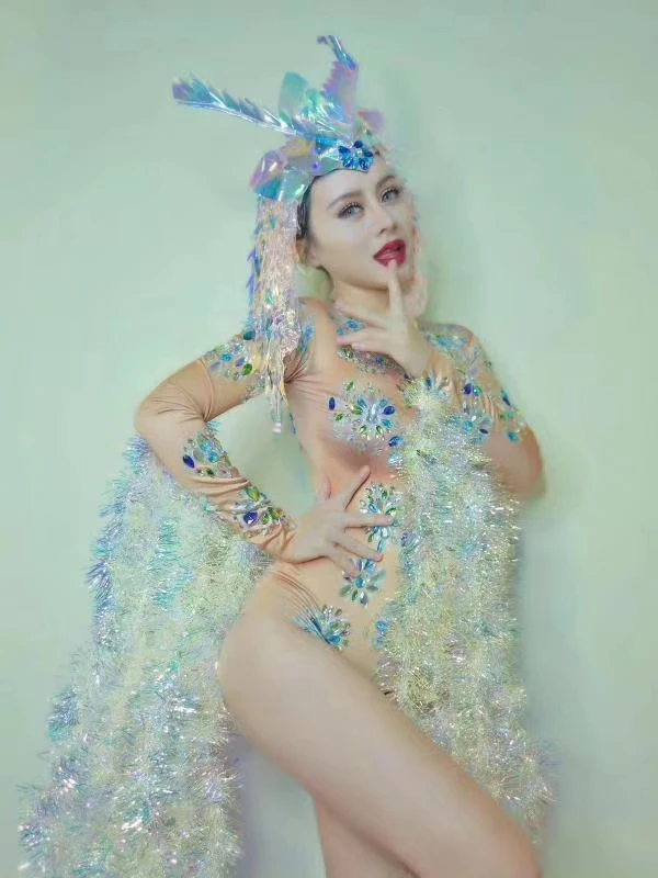 Multi Color Rhinestones Shiny Fringe Sleeve Bodysuit Elastic Crystals Bodysuits Nightclub Women DJ Singer Dancer Stage Costume