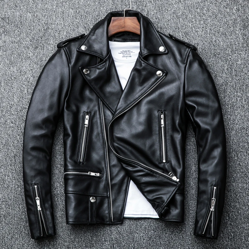 

Куртка мужская из натуральной овечьей кожи, мягкая мотоциклетная одежда, приталенная короткая Байкерская верхняя одежда, черный цвет, весн...