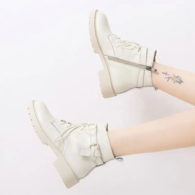 

RIZABINA Real Leather Women Ankle Boots Cross Strap Buckle Flats Winter Shoes Woman Zipper Warm Short Boot Footwear Size 34-39