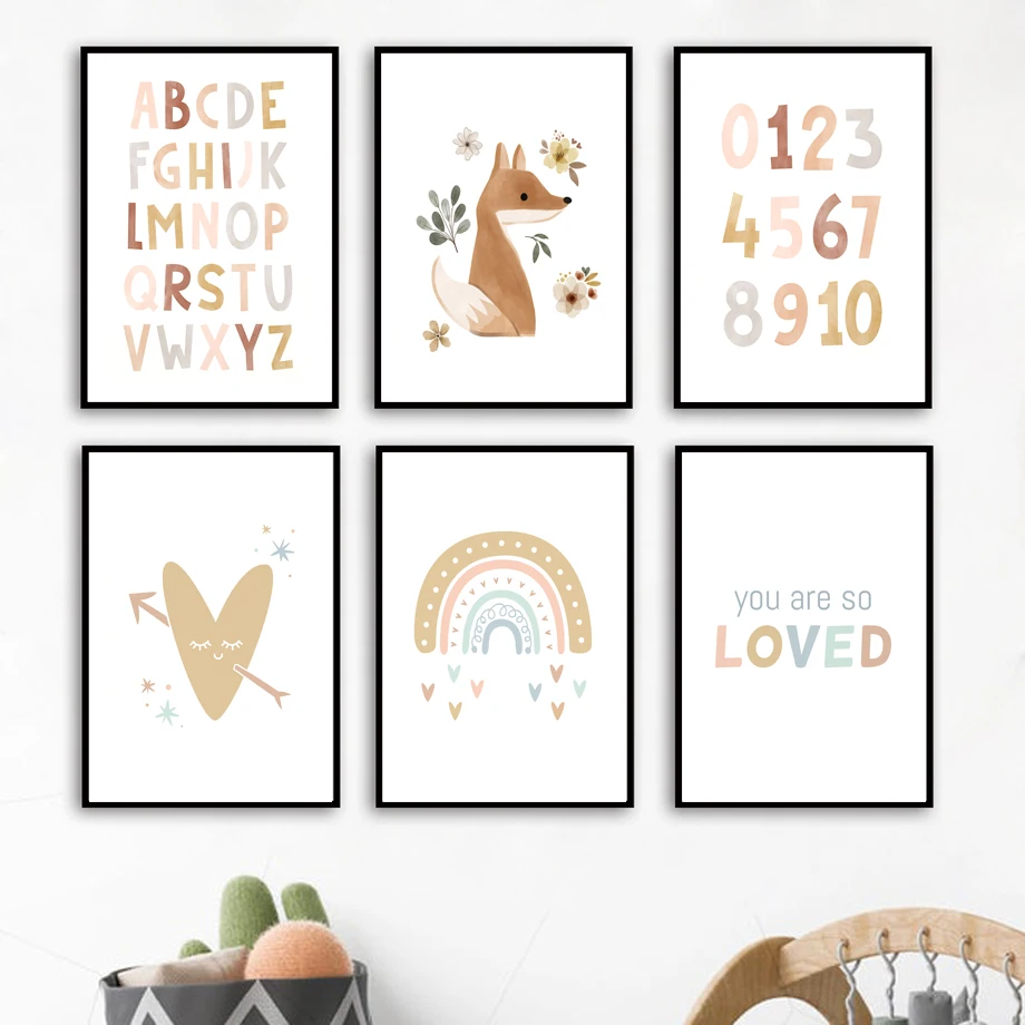 

Скандинавский постер и печать в стиле бохо ABC Алфавит 123 Радужное сердце лиса Настенная картина на холсте картины для детской комнаты