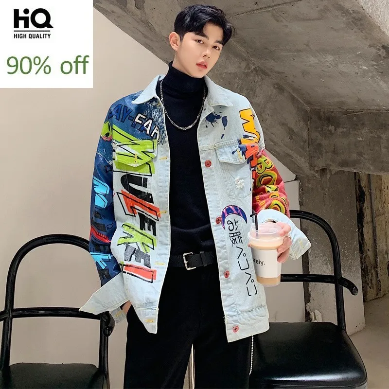 2020 модная мужская хип хоп джинсовая куртка свободного кроя с принтом граффити