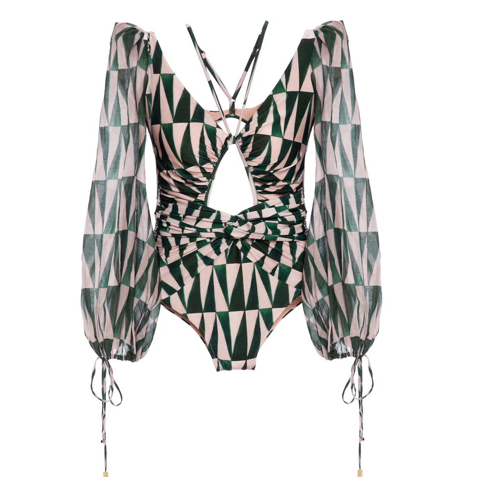 

Bikini Set Swimsuit Women Swimwear V-neck Printed Bandage Long Sleeve Siamese Swimsuit Bikini