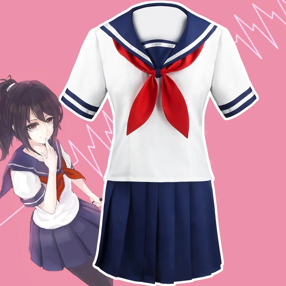 

Ayano Aishi Cosplay Game Yandere Simulator JK Uniform Halloween Costume Women Short Sleeve Top Skirt Sailor Suit stocking Dress