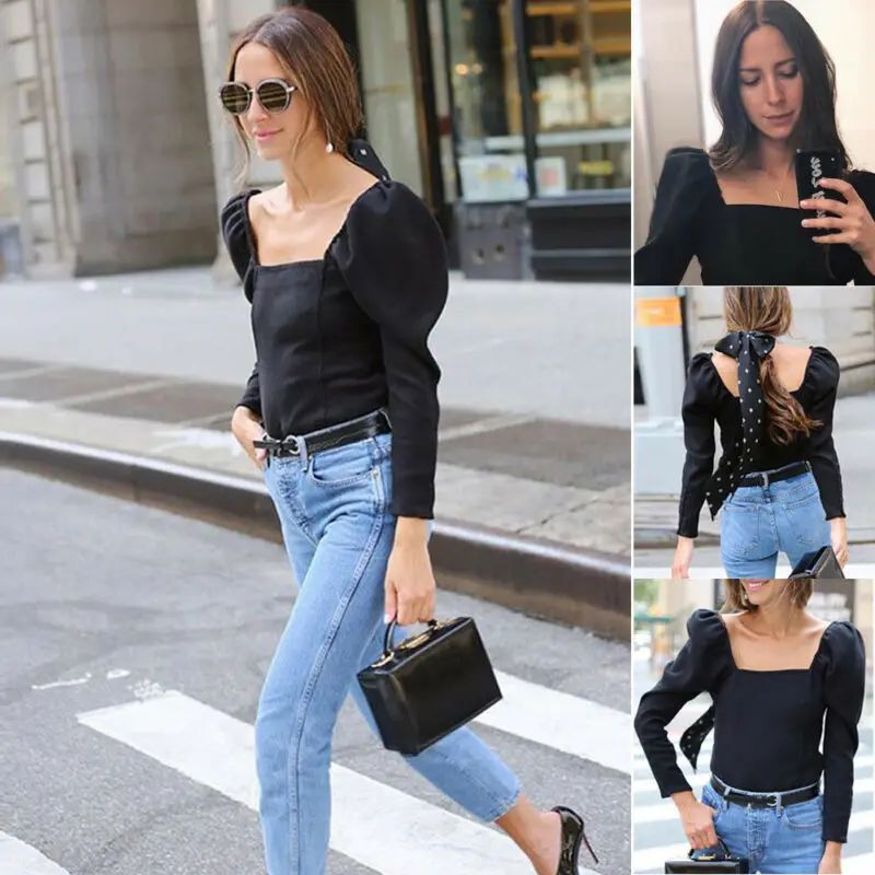 

Women Long Sleeve Loose Tops Ladies Square Neck Office Work Shirt Top