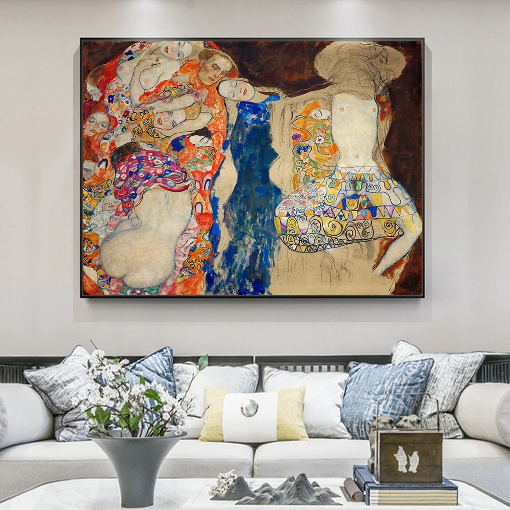 

Die Braut by Gustav Klimt Kiss Oil Paintings Print On Canvas Sexy Woman Wall Art Posters Famous Classical Art Picture Home Decor
