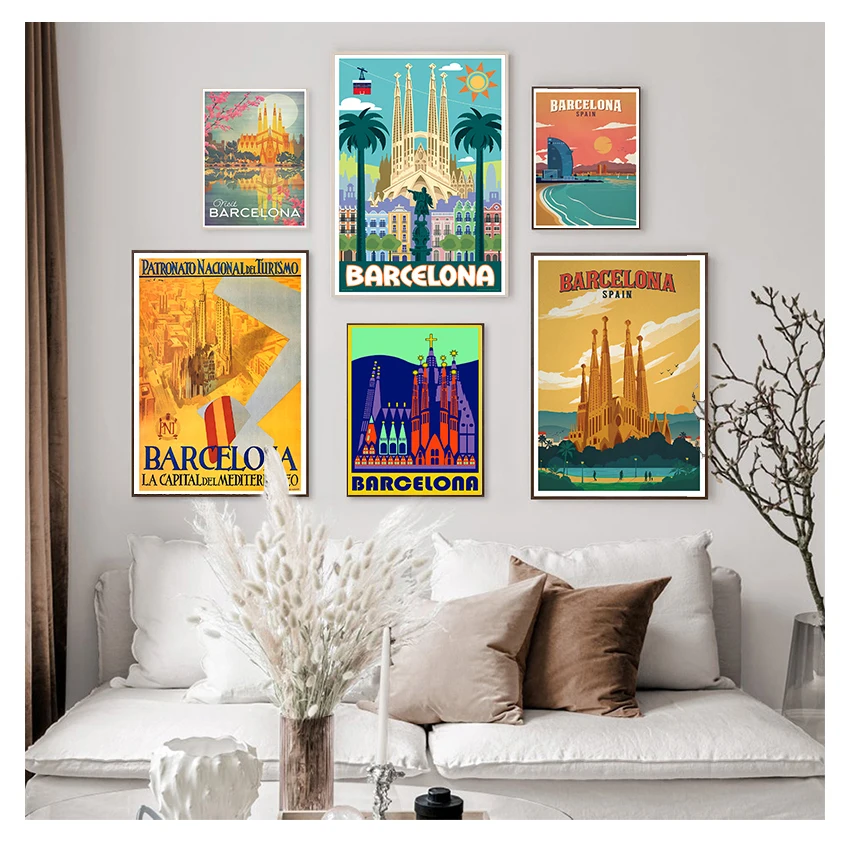 

Travel Canvas Paintings Vintage Kraft Posters Coated Wall Stickers Home Decor Family Gift Europe Spain Barcelona Pop Art