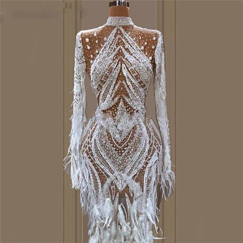 2020 Dubai Middle East Mermaid Evening Dress See-Through Mermaid Prom Dresses Kaftans Aibye Beaded Feathers Runway Party Gowns