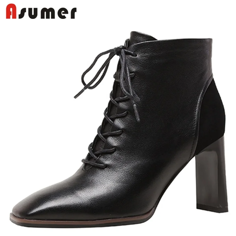 

Asumer 2022 New Arrival Cow Leatehr Shoes Lace Up Zipper Ankle Boots Square Heels Top Quality Ladies Boots Winter Fashion Boots